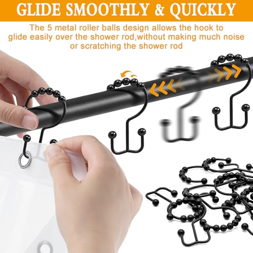 Shower Curtain Hooks, 12 Pcs Rustproof Metal Shower Curtain Rings,Free Sliding Double Shower Hooks for Shower Curtain & Liners, Shower Curtain Hangers for Bathroom Shower Curtain Rods Curtains (Black) - color: Black