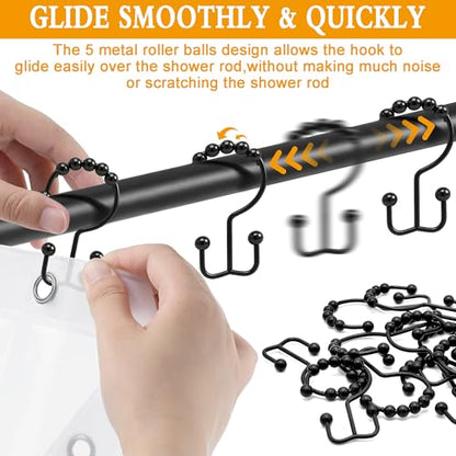 Shower Curtain Hooks, 12 Pcs Rustproof Metal Shower Curtain Rings,Free Sliding Double Shower Hooks for Shower Curtain & Liners, Shower Curtain Hangers for Bathroom Shower Curtain Rods Curtains (Black) - color: Black