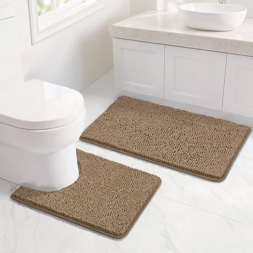 Bcoimo U Shaped Bath Rug Mat Set,2 Piece Chenille Latte Toilet Bathroom Rug | Extra Soft Bathroom mat set;Non Slip with Rubber Back Bath Mats;High Absorbent And Quick Dry Microfiber mat; Machine Washable - color: Latte, size: U24×20 Plus 30×20