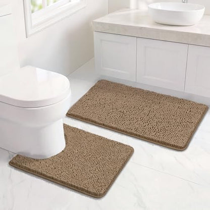 Bcoimo U Shaped Bath Rug Mat Set,2 Piece Chenille Latte Toilet Bathroom Rug | Extra Soft Bathroom mat set;Non Slip with Rubber Back Bath Mats;High Absorbent And Quick Dry Microfiber mat; Machine Washable - color: Latte, size: U24×20 Plus 30×20