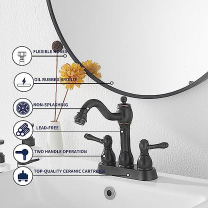 Oil Rubbed Bronze Bathroom Faucet 2 Handles 4 Inches Centerset RV Bathroom Vanity Faucet with Drain Assembly and Supply Hose Lavatory Faucet - color: Oil Rubbed Bronze, size: Centerset