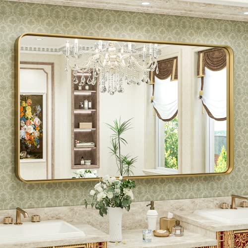 Gold Bathroom Mirror for Wall 48 x 30 Inch Metal Rounded Corner Rectangle Mirror Wall Mirror in Aluminum Alloy Metal Frame Deep Set Design Hangs Horizontal Or Vertical - color: Brushed Gold, size: 30"L x 48"W, style: Rectangle