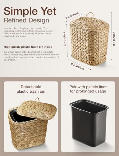 Tidita 1.5 Gallon Wicker Wastebasket with Lid, Woven from Water Hyacinth | Hyacinth Construction, Woven Design, Removable Plastic Liner Included, Removable Lid, Iron Frame, Odor Proof, Versatile Use - color: Natural, size: 1.5 Gallons