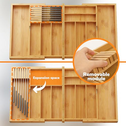 BAMEOS Expandable Silverware Drawer Organizer with Removable Knife Blocks, Bamboo Kitchen Utensil Holder from 21" to 36", Large Cutlery Tray with Divider for Forks, Spoons, Knives - size: 2''H 17x36