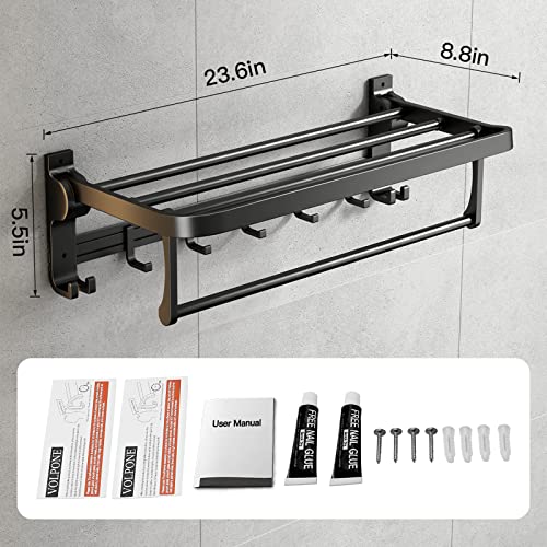 24 Inch Towel Rack with Towel Bar Holder Foldable Towel Shelf with Movable Hooks Rustproof Towel Storage wall Mount for Bathroom Lavatory Matte Black - color: Matte Black