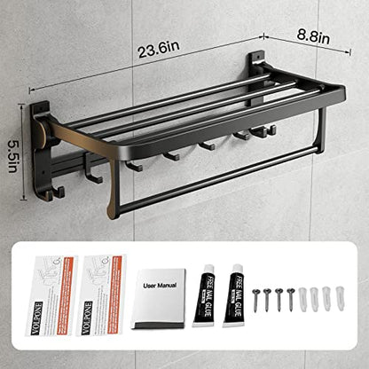 24 Inch Towel Rack with Towel Bar Holder Foldable Towel Shelf with Movable Hooks Rustproof Towel Storage wall Mount for Bathroom Lavatory Matte Black - color: Matte Black