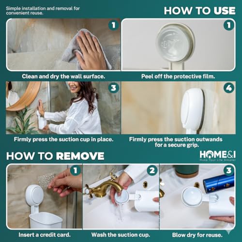 HOME&I Suction Cup Toothbrush Holder for Shower Wall, Drill-Free Self-Draining Bathroom Organizer, Removable Wall Mounted Storage for Toothpaste, Razor & Accessories - size: 1 Pack/White