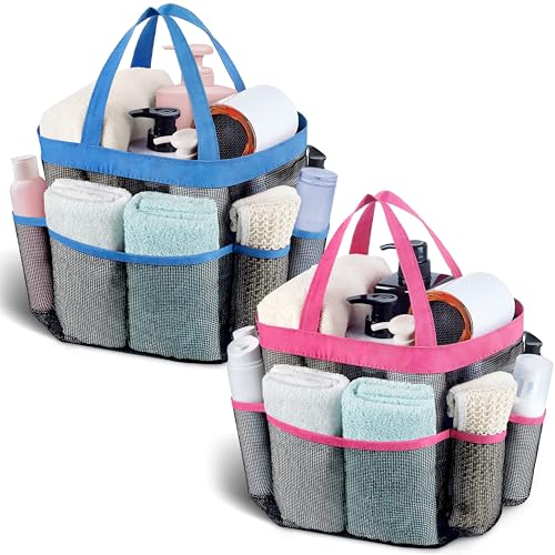 Mesh Shower Caddy Portable - 9 Pockets, Shower Bag for Dorm Room Camping | 2 Handle Quick Dry Shower Bag College Dorm Room Essentials Large Capacity Hanging Basket for Bathroom Travel Swimming Gym - color: Blue Rose