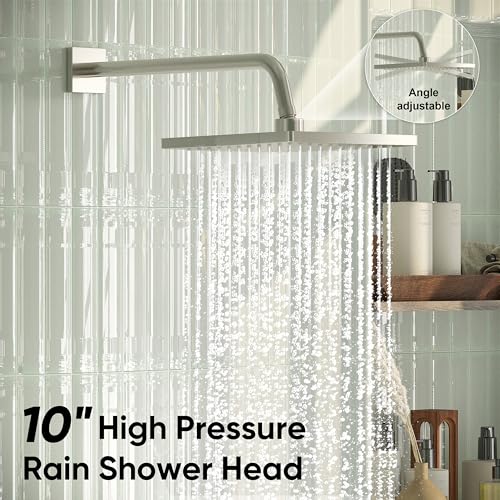 Esnbia Shower System with Tub Spout, Wall Mounted Bathtub Shower Faucet Set, 10 Inch Rain Shower Head and Handheld Shower Head Set, High Pressure Tub Shower Kit with Shower Valve, Brushed Nickel - color: Brushed Nickel