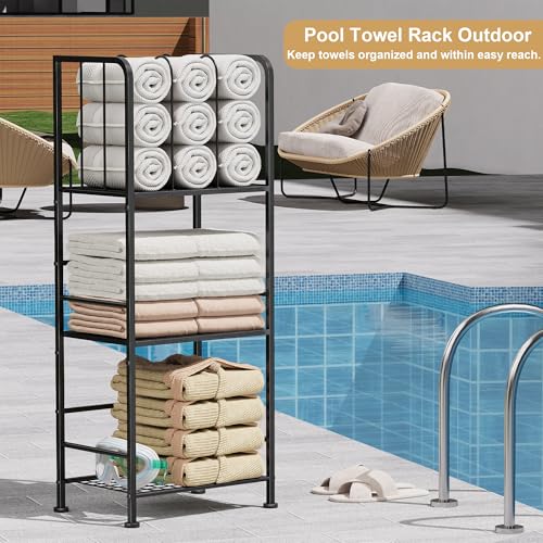 3-Tier Freestanding Towel Racks for Bathroom, Black Towel Rack Stand | Detachable M-shaped Dividers for Bath Towel Storage Premium Iron & Wood Holder Crafted for Bathroom Organization