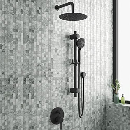 Refuge Rain Shower Head with Handheld Spray Combo - Matte Black Finish - 10" Rainfall Shower Head with Handheld Combo | Adjustable Slide Bar | 5-Function Handshower | Tru-Temp Valve | 1.8 GPM - color: Matte Black, size: 1.8 GPM