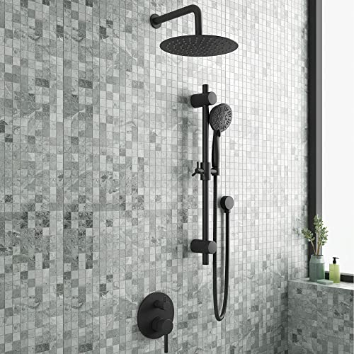 Refuge Rain Shower Head with Handheld Spray Combo - Matte Black Finish - 10" Rainfall Shower Head with Handheld Combo | Adjustable Slide Bar | 5-Function Handshower | Tru-Temp Valve | 2.5 GPM - color: Matte Black, size: 2.5 GPM
