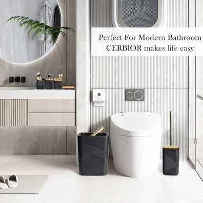 CERBIOR Bamboo Bathroom Accessories Set 6 Piece Square Spiral Set,Black | Includes Soap Dispenser, Toothbrush Holder, Toothbrush Cup, Soap Dish for Decorative Countertop and Housewarming Gift - size: Complete Set, style: Black