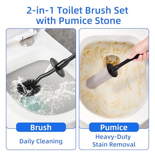 Toilet Brush and Holder Set with Pumice Stone Toilet Bowl Cleaner | Long-handle Scrubber with Ventilated Holder and Pumice Stone for Hard Water Stains, Limescale and Toilet Rings - color: Black