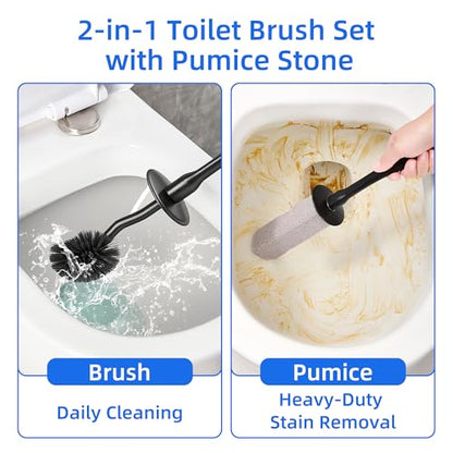Toilet Brush and Holder Set with Pumice Stone Toilet Bowl Cleaner | Long-handle Scrubber with Ventilated Holder and Pumice Stone for Hard Water Stains, Limescale and Toilet Rings - color: Black