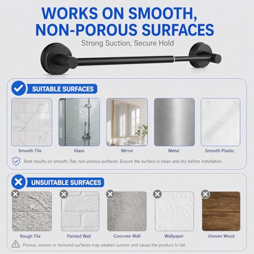 Adjustable Suction Cup Towel Bar, 11.3-22.17 Inch Matte Black | No-Drill Stainless Steel Design, Reusable Suction Mount, for Smooth Tile, Glass, Mirror, Metal and Plastic - color: Matte Black