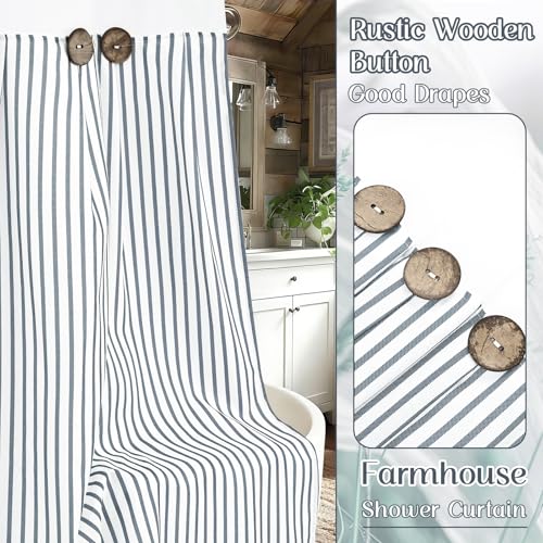 ASPMIZ Farmhouse Striped Shower Curtain and Liner Set No Hook, Grey 71x74 | No Hook Shower Curtain with Snap in Liner Fabric, Rustic Washable Waterproof Bathroom Curtains with Button, Mesh Top Window - color: Grey Striped, size: 71"W x 74"L (Pack of 1), s