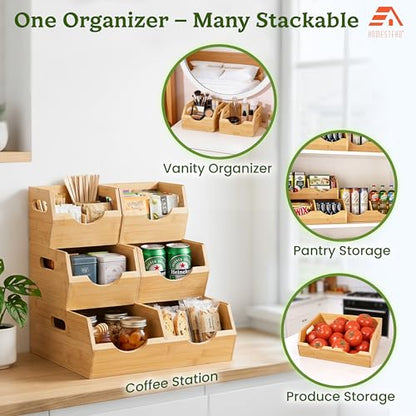 HOMESTEAD 3-Tier Bamboo Pantry Storage Bins – Stackable Potato & Onion Storage Bin with Handles, Fruit Basket & Produce Organizer for Kitchen Countertop, Pantry Organization, Set of 5 - size: 3-Tier ( 5 pack )