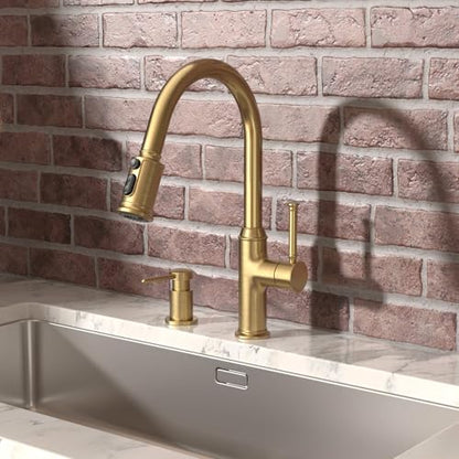 Lava Odoro Magnetic Bronze Gold Kitchen Faucet with Pull Down Sprayer | Gold Kitchen Sink Faucet with Magnetic Docking, 3-Function Sprayhead 1 Hole, Deck Plate Included, KF421-BB-M - color: Brushed Bronze, style: 3-Mode, Magnetic