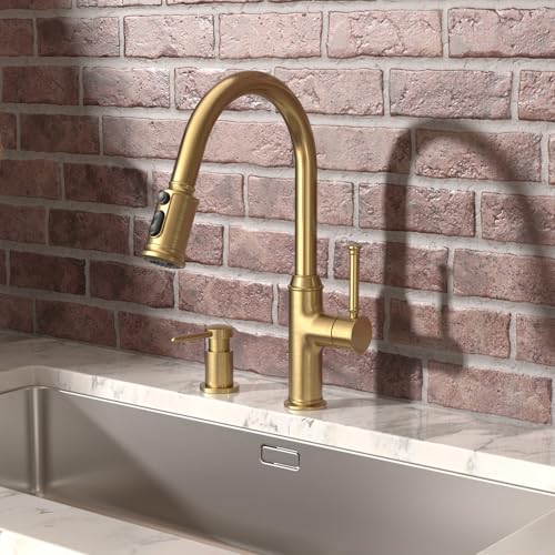 Lava Odoro Bronze Gold Kitchen Faucet with Pull Down Sprayer, Brushed Brass Kitchen Sink Faucet, Single Hole Kitchen Faucet with 3-Function Sprayer, Deck Plate Included, Spot-Free, 1.8 GPM, KF421-BB - color: Brushed Bronze, style: Standard