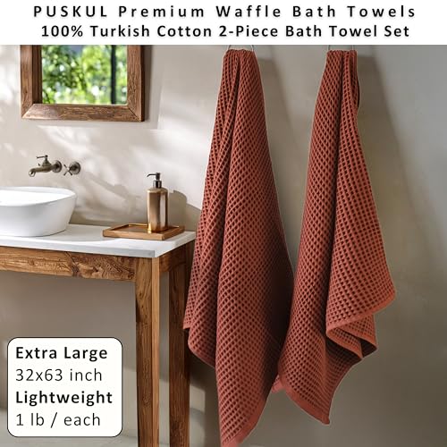 PÜSKÜL 2-Piece Natural 100% Turkish Cotton Waffle Bath Towels Extra-Large | Brick-Red, 32x63" Bath Sheet Towel, Light Soft Absorbent Quick-Dry Lint-Free Premium Honeycomb Weave Oeko-Tex Made in Turkiye - color: Red Brick, size: Bath Towels - Pack of 2