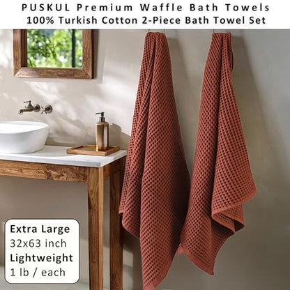 PÜSKÜL Natural 100% Turkish Cotton Waffle Bath Towels Set of 2, Extra-Large | Brick-Red, Oversize 32x63" Bath sheet towel for bathroom & beach. Honeycomb-Waffle weave, Premium oeko-tex made in Turkey. - color: Red Brick, size: Bath Towels - Pack of 2