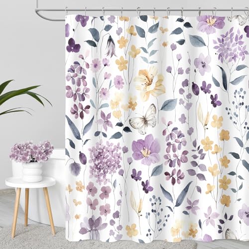 Extra Long Shower Curtain 72 x 96 Inch, Floor to Ceiling X-Long Tall, 8Ft | Lavender Purple Floral Shower Curtain, Purple Yellow Watercolor Flower Butterfly Fabric Shower Curtain Set with Hooks - color: Purple, size: 72"W x 96"L (Pack of 1)