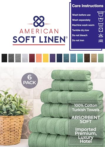 American Soft Linen 100% Carde Cotton 6 Piece Towel Set, 590 GSM Heavy Weight Soft Absorbent Turkish Towels for Bathroom, Sage - color: Sage