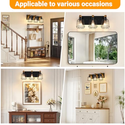 Dpyrrhic 3-Light Bathroom Light Fixtures, Wood Bathroom Wall Lights, Modern Bathroom Vanity Light with Cage Metal Shade, Bathroom Wall Lamp for Mirror Kitchen Bedroom Living Room