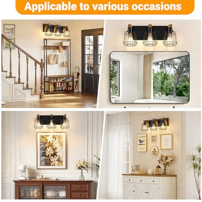 Dpyrrhic 3-Light Bathroom Light Fixtures, Wood Bathroom Wall Lights, Modern Bathroom Vanity Light with Cage Metal Shade, Bathroom Wall Lamp for Mirror Kitchen Bedroom Living Room