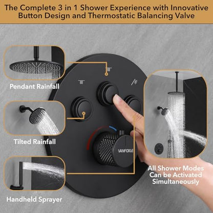 VANFOXLE Thermostatic Shower Faucet Set Matte Black Shower System | Push Button Diverter, 12 Inch Ceiling Mount Rain Head Increased Thick, 6 Inch Side Head, 2-in-1 Handheld Sprayer, Modern - color: Matte Black, style: 12 Inch