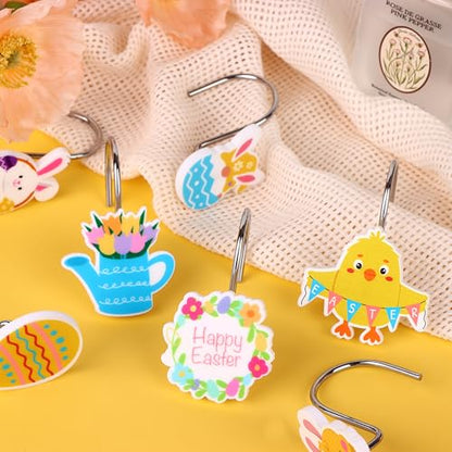 12Pcs Shower Curtain Hooks Hangers Decorative Metal Rustproof Bathroom Room Pendants Decor Accessories with Bunny Happy Carrot Flower Chick Rabbit Stainless Curtains Rings