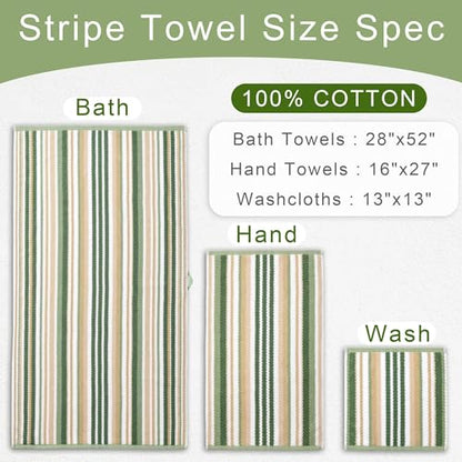 VOOVA & MOVAS Striped Towels 6 Pack, 100% Cotton, Sage Green | Daily Bathroom Use, Available in 13x13, 16x27, 28x52 In, Quick Dry, Soft, Absorbent, Bath Towels with Hanging Loops - color: Sage + Green + Beige Striped, size: 6 PCS Bathroom Towels