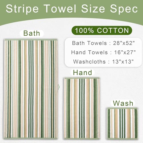 VOOVA & MOVAS Striped Towels 6 Pack, 100% Cotton, Sage Green | Daily Bathroom Use, Available in 13x13, 16x27, 28x52 In, Quick Dry, Soft, Absorbent, Bath Towels with Hanging Loops - color: Sage + Green + Beige Striped, size: 6 PCS Bathroom Towels