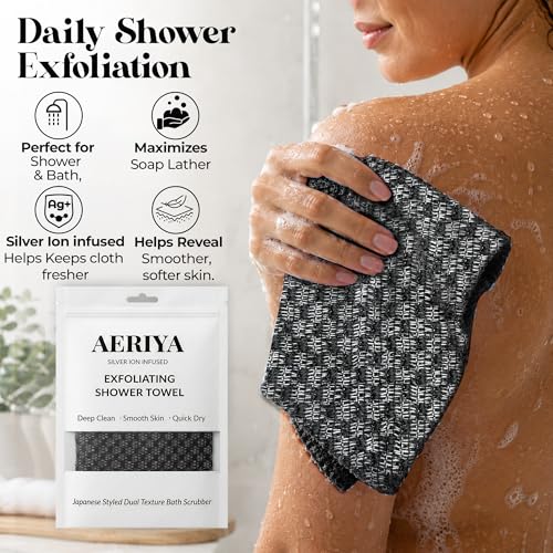 Exfoliating Washcloth – Long Japanese-Style Back Scrubber for Shower, 2-Sided Body Scrub Exfoliating Towel, Quick Dry Bath Cloth for Men & Women, Black - color: Black