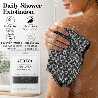 Exfoliating Washcloth – Long Japanese-Style Back Scrubber for Shower, 2-Sided Body Scrub Exfoliating Towel, Quick Dry Bath Cloth for Men & Women, Black - color: Black