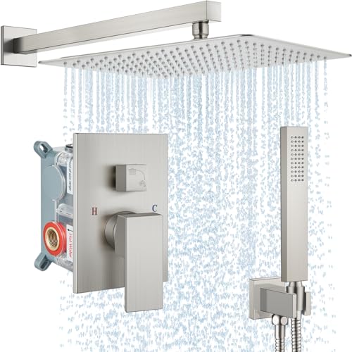 Midanya Shower Faucet Set with Handheld Sprayer,16 Inch,Brushed Nichel | Rough-in Shower Valve and Trim Kit Included,Square Rain Head,Wall Mount Shower System,All Metal,Bathroom - color: Nickel, size: 16 Inch