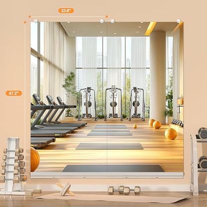 Hasipu Home Gym Mirror, 48"x24" Each, 4-Pack Frameless Wall Mounted Mirrors with Glass Clamps & 2 Aluminum Rail, Large Body Mirror for Home Gym, Yoga Studio, Bedroom, Silver Tempered Glass - size: 48"x24" - 4PCS