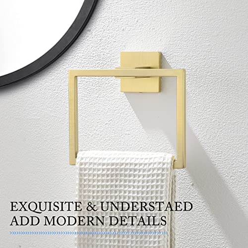 TQKAG Brushed Gold Towel Ring, Bathroom Hand Towel Holder, Wall Mount | 5.5 Inch, Square Gold Towel Ring, SUS304 Stainless Steel, Easy Installation, Bathroom Kitchen Entryway Vanity Sink - color: Brushed Gold