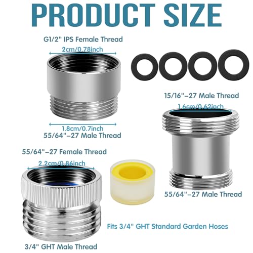 4Pcs Brass Faucet to Hose Adapter with Aerator, Sink Hose Adapter Set with Washers & Tape – Fits G1/2" Female, 55/64" Female, and 15/16" Male, Connects to 3/4" GHT Garden Hoses - color: Gold
