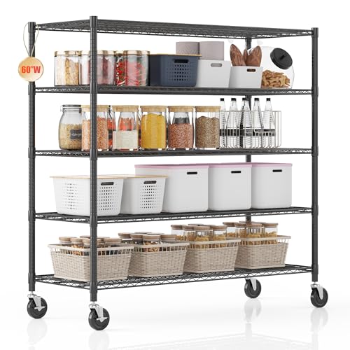 Homdox 5 Tier Storage Racks and Shelving, 24"x60"x82" Heavy Duty Metal Shelves for Storage, 3000LBS Commercial Adjustable Wire Shelving Unit on Wheels for Garage, Pantry, Kitchen, Warehouses, Black - color: Black, size: 24"x60"x82"