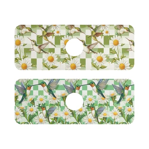 Checkered Green and White Hummingbirds Daisy Kitchen Sink Splash Guard Sink Faucet Mat Faucet Handle Drip Catcher Drain Mats for Kitchen Bathroom - color: Checkered Green and White Hummingbirds Daisy, size: 14.7x5.4in x2