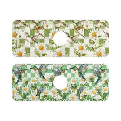 Checkered Green and White Hummingbirds Daisy Kitchen Sink Splash Guard Sink Faucet Mat Faucet Handle Drip Catcher Drain Mats for Kitchen Bathroom - color: Checkered Green and White Hummingbirds Daisy, size: 14.7x5.4in x2