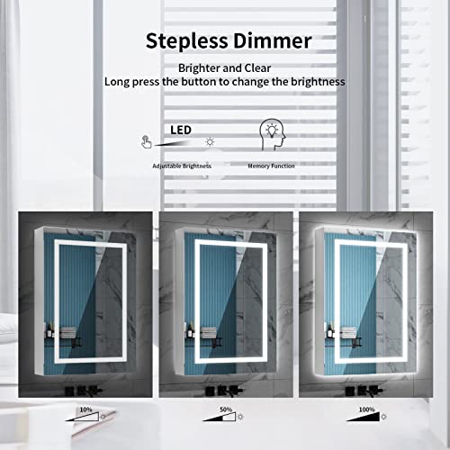 20" x 28" Bathroom Medicine Cabinet with Mirror,Medicine Cabinets with Large Storage,Single Door LED Bathroom Wall Cabinet with Shelves,Dimmer and Anti-Fog