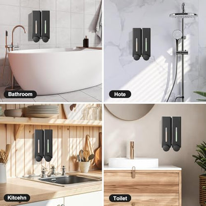 2 Chamber Shower Dispenser Wall Mounted, No Drill Shampoo and Conditioner Dispenser, Large Capacity Liquid Soap Pump for Bathroom and Hotel, Black