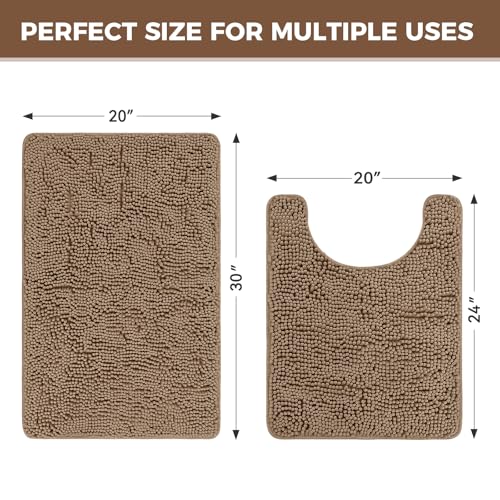 Bcoimo U Shaped Bath Rug Mat Set,2 Piece Chenille Latte Toilet Bathroom Rug | Extra Soft Bathroom mat set;Non Slip with Rubber Back Bath Mats;High Absorbent And Quick Dry Microfiber mat; Machine Washable - color: Latte, size: U24×20 Plus 30×20