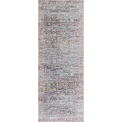 Bloom Washable Non-Slip 10 ft Blue/Red Boho Runner Rug - Kitchen, Hallway - color: Ocean Blue / Brick, size: 2'6" x 10' (Runner)
