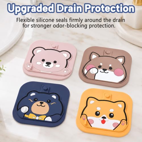 2-Pack Square Shower Drain Hair Catcher for Bathtub and Shower | Khaki thick silicone, cartoon animal design, reusable hair stopper for floor drains, kitchen laundry room utility use - color: Blue