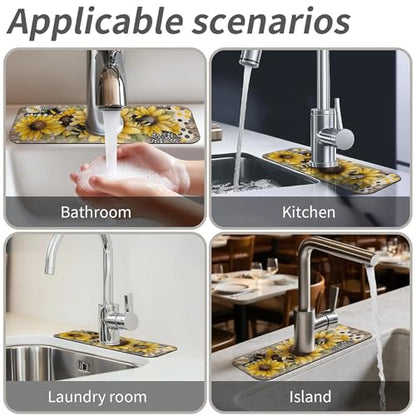 Kitchen Sink Splash Guard，Sunflower-with bumblebees Faucet Mat Sink Gadgets-Super Absorbent Fast Drying Mat Drip Catcher for Kitchen, Bathroom,Sink Mat, Dish Drying Mat, Bathroom(15" X 5.5" ) - color: Sunflower-with bumblebees