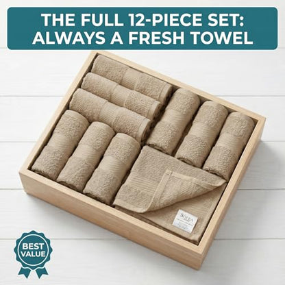 Sofea 100% Cotton Washcloths Set of 12, (12 x 12 Inch) 520 GSM Wash Cloths, Extra Soft Absorbent Quick Dry Face Towels - color: Beige